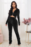 Solid Velvet Hooded Long Sleeve Stacked Pants 2 Piece Sets LX-6140