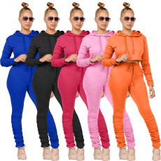 Solid Hoodies Stacked Pants Two Piece Sets HM-6358