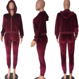 Solid Velvet Zipper Hoodies Pants Two Piece Sets XMY-9204