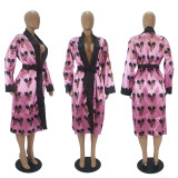Sexy Printed Loose Full Sleeve Sashes Pajamas Midi Dress SHD-9452