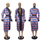 Sexy Printed Loose Full Sleeve Sashes Pajamas Midi Dress SHD-9452