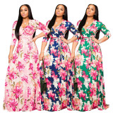 Floral Print V Neck Three Quarter Sleeve Sashes Maxi Dress SMR-9974
