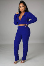 Plus Size Solid Color Ruched Short Hoodie And Pants Two Piece Set CQ-089