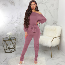 Solid Long Sleeve Sashes One Piece Jumpsuits SMR-9869