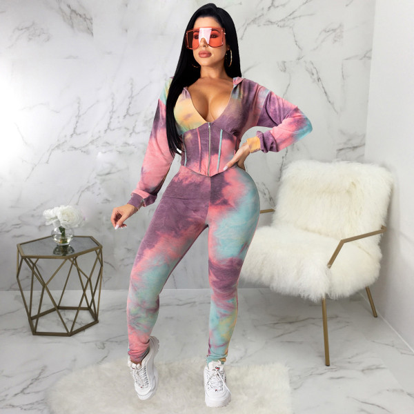 Tie Dye V Neck Hooded Long Sleeve 2 Piece Suits SMR-9811