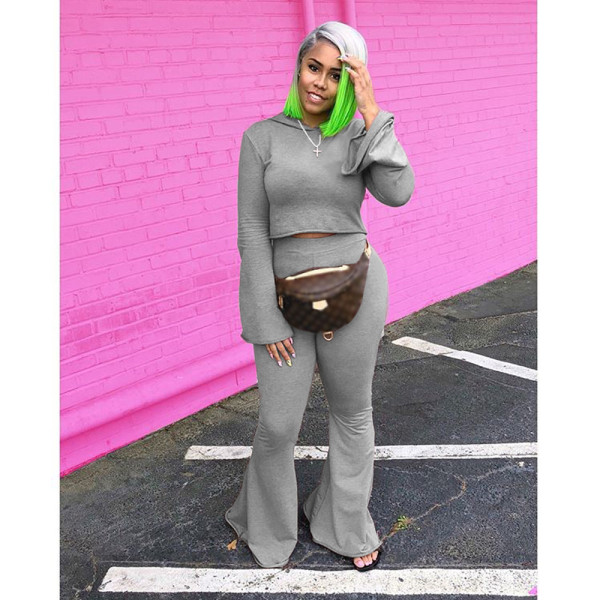 Plus Size 4XL Casual Fashion Solid Color Hoodie And Flared Pants Two Piece Set YSYF-7252