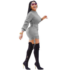 Sexy Solid Long Sleeve Ruched Mini Bodycon Dress XMY-9278