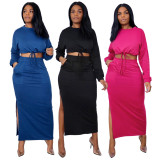 Solid Full Sleeve Tops Long Skirt 2 Piece Suits SFY-202
