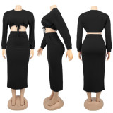 Solid Full Sleeve Tops Long Skirt 2 Piece Suits SFY-202