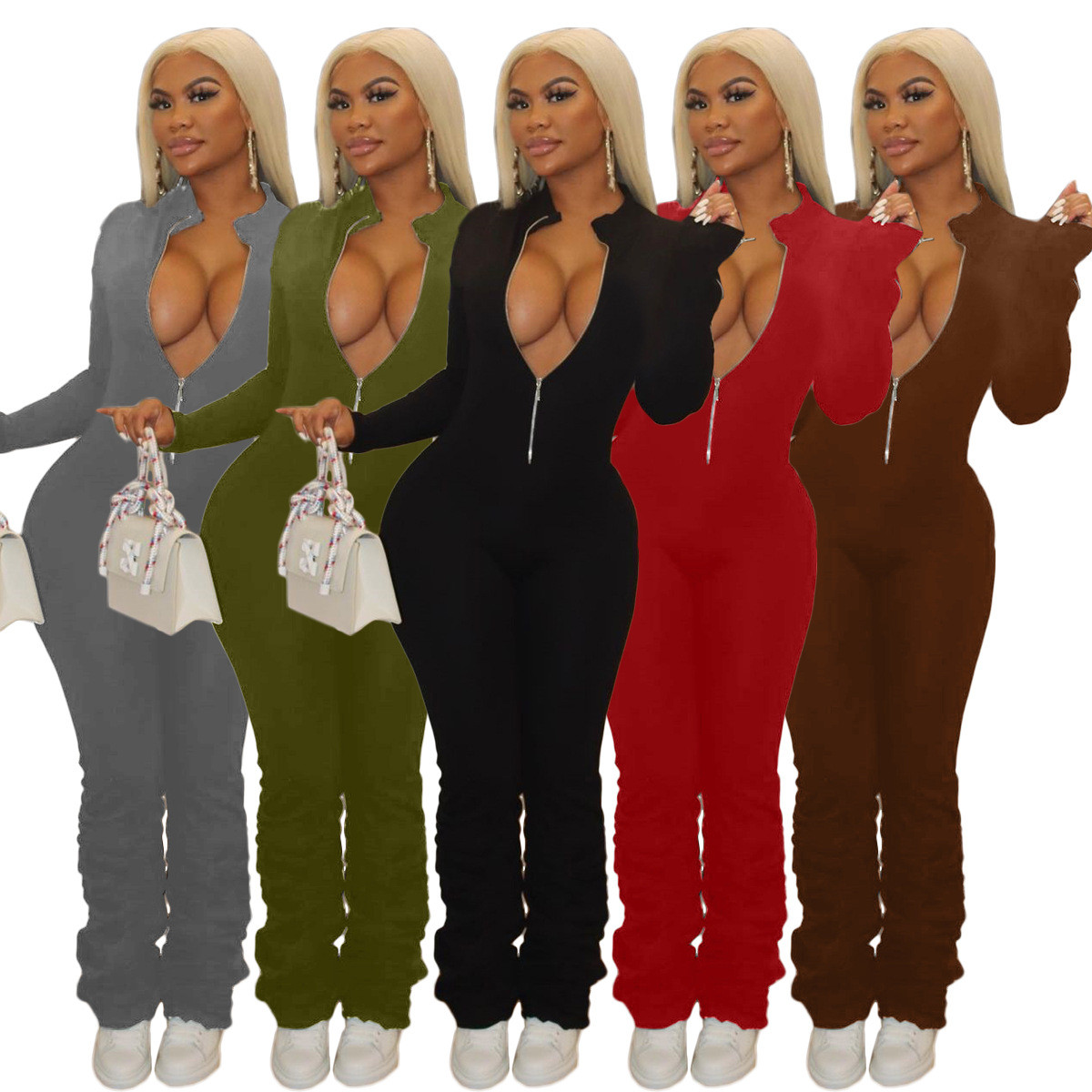 Dear-Fashion | Casual Solid Zipper Long Sleeve Stacked Jumpsuit OJS-9255 with Wholesale Prices