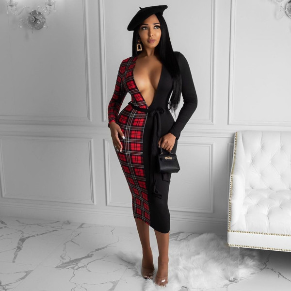 Sexy Plaid Patchwork Deep V Neck Sashes Midi Dress CHY-1288