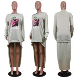 Casual Printed High Low Irregular Hem Sweatshirt Dress WY-6724