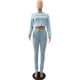 Solid Color Lucky Label Letter Print Long Sleeve Top And Stacked Pants Two Piece Set JPF-1011