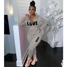 Casual Solid Color Letter Print Zipper Coat And Pants Two Piece Set JPF-1010