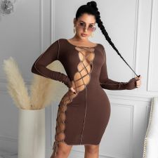 Sexy Long Sleeve Lace Up Hollow Bandage Dress CHY-1289