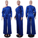 Solid Full Sleeve Oblique Collar Wide Leg Jumpsuit WY-6728
