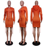 Solid Drawstring Pocket Hoodies Dress WY-6677
