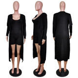 Solid Full Sleeve Long Cloak+Sleeveless Romper 2 Piece Sets WY-6682