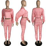 Trendy Plaid Print Long Sleeve 2 Piece Pants Set MN-9279