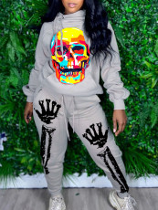 Skull Print Hooded Sweatshirt Casual Sports Suit SXF-1078