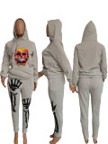 Skull Print Hooded Sweatshirt Casual Sports Suit SXF-1078