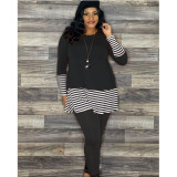  Plus Size Casual Stripe Splice Top And Leggings Pants Two Piece Set AWF-5825