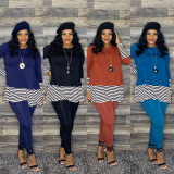  Plus Size Casual Stripe Splice Top And Leggings Pants Two Piece Set AWF-5825
