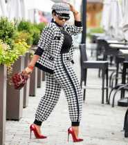Houndstooth Print Jacket And Pants 2 Piece Suits HMS-5401