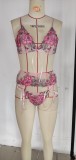 Floral Print Lace Bra G-string with Garter Belt 3 Pieces Sexy Lingerie Set YQ-W426