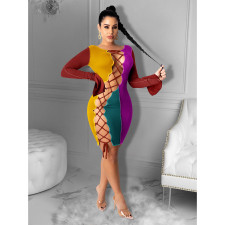 Contrast Color Lace Up Hollow Sexy Bandage Dress CHY-1294