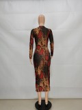 Snake Skin Print Full Sleeve Slim Long Dress FENF-058