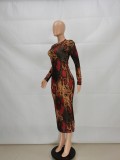 Snake Skin Print Full Sleeve Slim Long Dress FENF-058