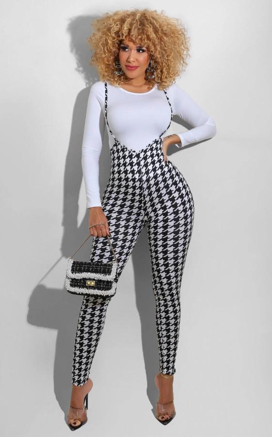 Houndstooth Plaid Long Sleeve Suspenders Pants 2 Piece Sets SFY-203