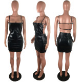 Sexy Sling Backless Zipper Nightclub PU Leather Dress LX-2005