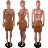 Sexy Sling Backless Zipper Nightclub PU Leather Dress LX-2005