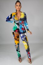 Sexy Zipper Printed Slim Jumpsuit With Mask HM-6359