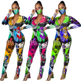 Sexy Zipper Printed Slim Jumpsuit With Mask HM-6359