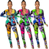 Sexy Zipper Printed Slim Jumpsuit With Mask HM-6359