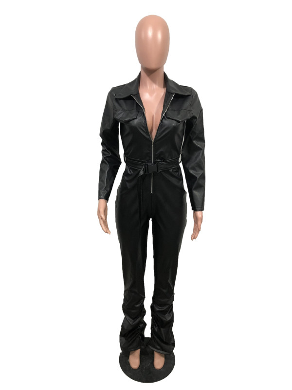 Faux Leather Reflectorized Paint Leather Stitching Sexy V neck Sexy Jumpsuit