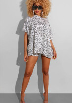 Leopard Print Casual Loose Long T-shirt + High Waist Shorts Suit OMY-8025