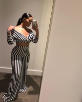 Sexy Striped V Neck Crop Top Pants Two Piece Sets OMY-8098