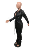 Sexy Zipper Ruched Faux Leather Jumpsuit (With Adjustable Belt) OMY-8006