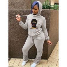 Plus Size Casual Sports Printed Hoodie Stacked Pants 2 Piece Sets BLI-2211