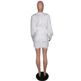 Sexy Long Sleeve Ruched White Mini Dress MK-3039