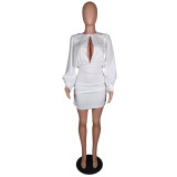 Sexy Long Sleeve Ruched White Mini Dress MK-3039