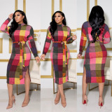 Plaid Print Long Sleeve Split Sashes Midi Dress LSL-6409