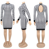 Plus Size 4XL Houndstooth Print Long Sleeve Midi Dress SFY-208