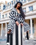 Casual Striped Zipper Sexy Pile Sleeve Coat And Wide Leg Pants Suit CQF-922