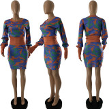 Fashion Print Long Sleeve Top And Skirts Two Piece Set CQF-931