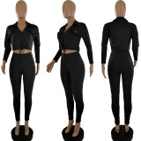 Casual Sports Solid Color Lapel Long Sleeve Top And Pants Two Piece Set CQF-927